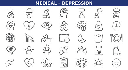 Fototapeta premium Mental health depression symptoms and psychology line icons.