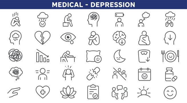 Mental health depression symptoms and psychology line icons.