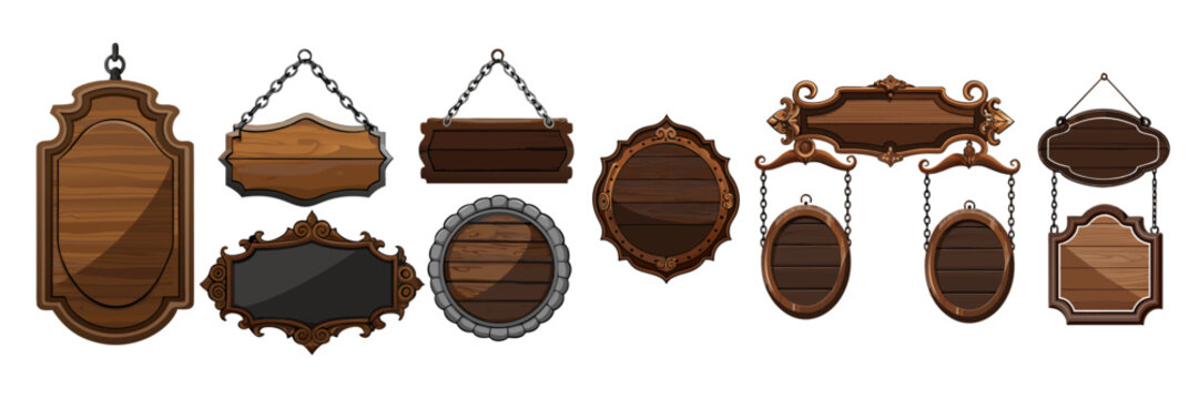 A collection of decorative medieval and fantasy-style dark wood hanging signs featuring intricate metal chains, brackets, and elegant carved frames.