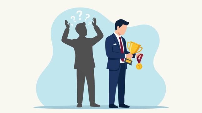 Businessman with Trophy and Shadow Depicting Imposter Syndrome and Self-Doubt