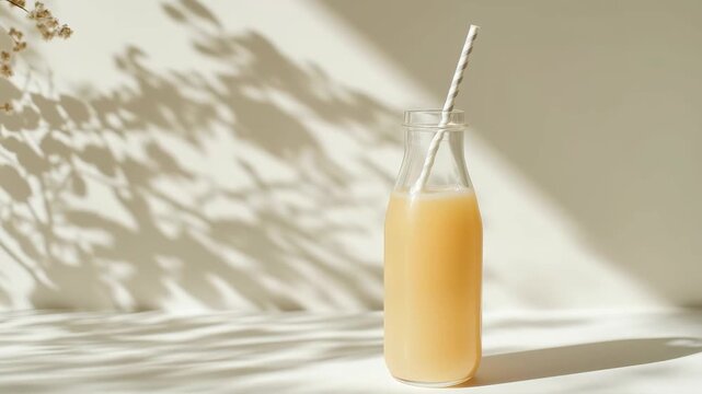 Refreshing glass milk bottle with a paper straw filled with creamy yellow smoothie sitting in soft natural leaf shadows in a minimal healthy drink scene