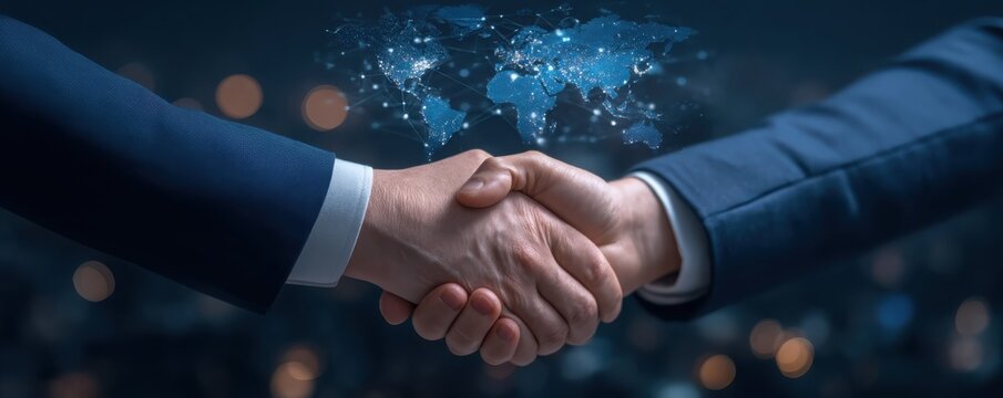 A handshake symbolizes partnership and collaboration, with a digital map overlay representing global connectivity and business relationships.