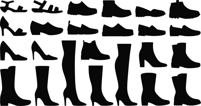 Women and men shoes silhouettes collection vector black icons set with high heels boots sandals sneakers and leather footwear
