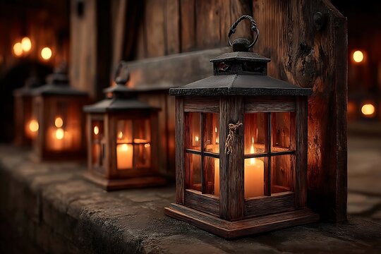 rustic wooden gate illuminated with warm lanterns high resolution picture