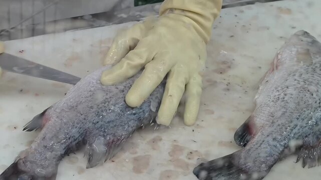 Chef fishmonger cutting and gutting fresh fish, removing gut organs, Fishery Market Stall, Fisherman Catch, Bloody Cutting Board, Seafood Preparation