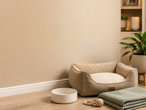 Stylish pet bed corner with empty wall copy space