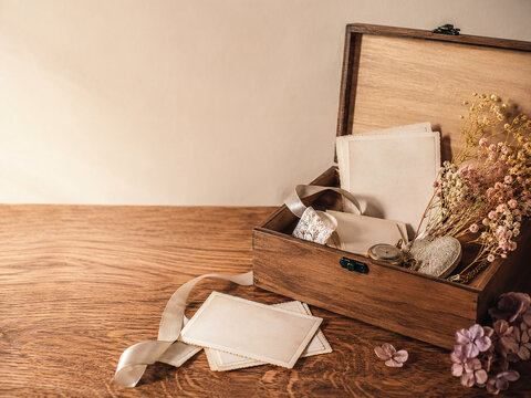 Family memory box with keepsakes and warm copy space