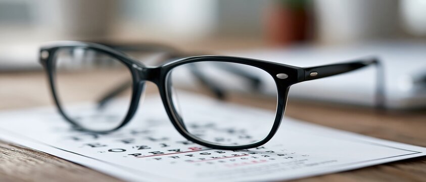 Classic black framed glasses rest on a printed eye test chart, evoking precision eye care, optical health, and corrective vision solutions. Ideal for healthcare, optometry clinic, and.