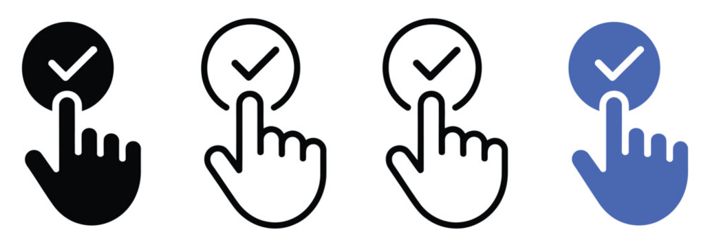 Hand Cursor Icons with Check Marks for Clicking, Confirmation, Selection, User Interface and Web Navigation, Vector Collection