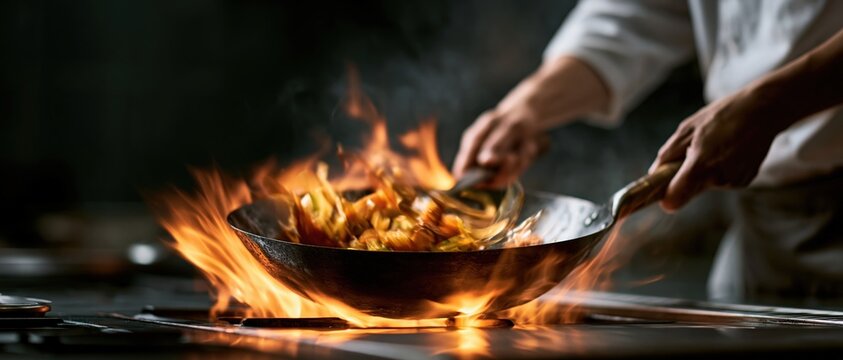 Dramatic fire and mastery collide as a chef stirs a blazing wok, perfect for restaurant branding, culinary editorial, Asian cuisine campaigns, and high energy food content.