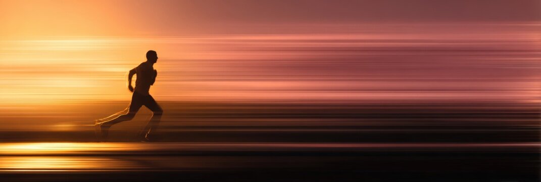 Raw determination meets golden light male runner silhouette charges forward against a dramatic sunset backdrop with cinematic motion blur conveying speed, ambition, and unstoppable drive.