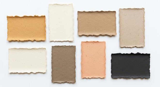 Collection of Handmade Textured Paper Scraps with Deckle Edges in Earthy Tones on White Background
