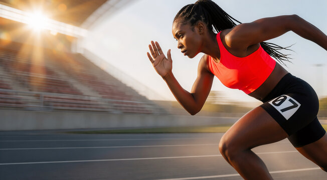 Determined female sprinter starting a race on a professional track stadium at sunset with golden hour lighting and dynamic motion