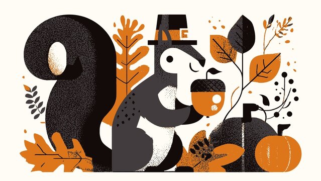 Cute Thanksgiving squirrel illustration with pilgrim hat holding acorn surrounded by autumn leaves and pumpkins