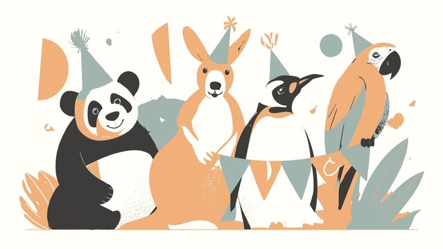 Cute hand-drawn animals celebrating birthday party banner with panda kangaroo penguin and parrot