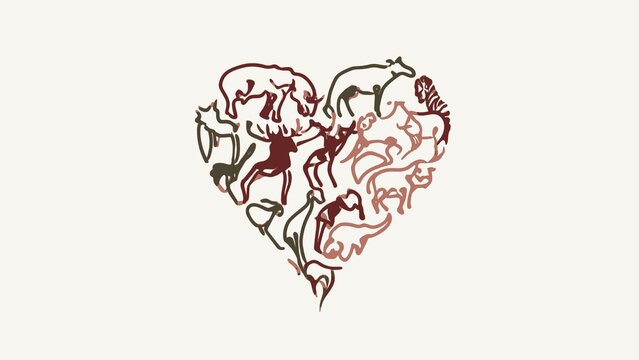 Artistic line art illustration of a heart shape formed by various humans and animals symbolizing love, unity, and global connection of all life