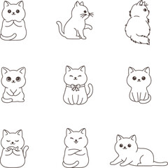Obraz premium Set of nine cute cartoon cats in various poses outline illustration with collection