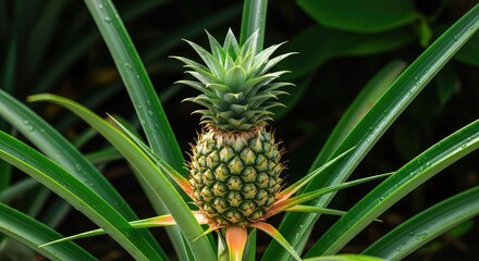 Fototapeta premium A vibrant young pineapple fruit grows at the center of its sharp green leaves in a lush tropical garden under bright natural daylight, vibrant, leaves, fresh