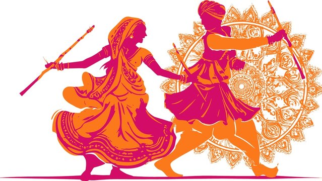 Traditional Indian Garba Dandiya folk dance with sticks for Navratri festival celebration with ethnic couple and decorative mandala background