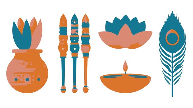 Stylized conceptual illustrations of traditional Indian cultural and spiritual symbols, embodying themes of celebration, enlightenment, and prosperity, perfect for festive designs