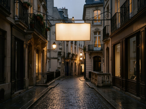 Suspended above a cobblestone lane, a blank illuminated sign glows softly in the rain on a luxurious, empty European street. Wet paving stones reflect warm streetlamps and classic stone balconies. Thi