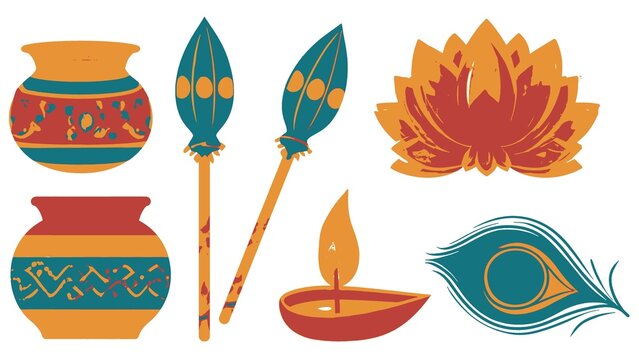 Colorful vector art depicting traditional Indian festival items, showcasing rich cultural symbols, spiritual artifacts, and festive decor