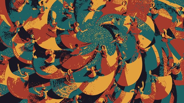 Abstract Swirling Dance Illustration Featuring Figures Moving in a Rhythmic Circular Composition with Vibrant Retro Colors and Dynamic Artistic Textures