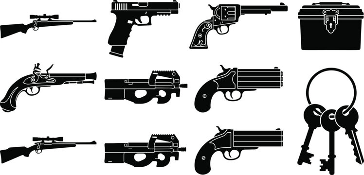 Firearms and weapon security black silhouette vector icons set featuring handguns rifles locked case and keys