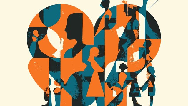 Abstract Heart Composition Featuring Silhouettes of Diverse People and Geometric Shapes in a Bold Modern Graphic Style