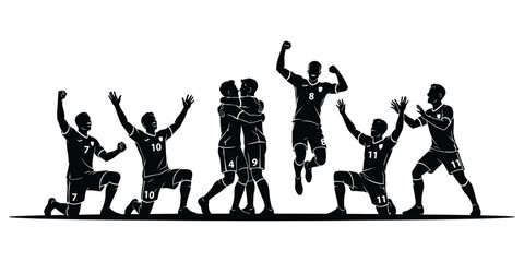 Obraz premium Soccer Celebration Team Silhouette Vector with Players Cheering, Hugging and Jumping After Victory Isolated on White Background