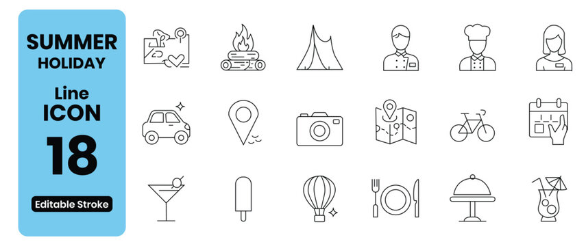 Summer holiday and camping line icon set. Outdoor travel, resort hotel service, and adventure vector linear symbols. Editable stroke outline elements like tent, campfire, camera, car, and food.
