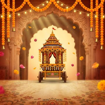 Ornate wooden chariot for religious festival decorated with flowers and traditional bells.