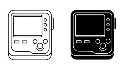 Retro Game Console Icons: A pair of vintage handheld game console icons, one in line art and the other in solid black, showcase the classic design with a screen, buttons, and a joystick. © abidakhatun