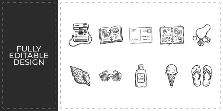 Summer travel and beach vacation hand drawn doodle vector icons featuring shell sunglasses sunscreen and camera for tourism agency and holiday trip planning graphics