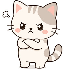 Cute angry cartoon cat with crossed arms, grumpy kitten illustration isolated
