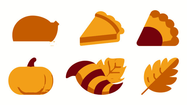 Cute autumn-themed illustrations featuring a pumpkin, pie, and fall leaves, perfect for holiday decorations and seasonal designs