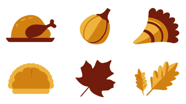 Thanksgiving Icons Representing a Roasted Turkey, Pumpkin, Napkin, Pie, and Autumn Leaves for a Festive Fall Celebration