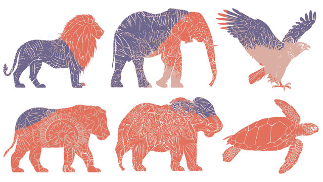 Stylized wild animal silhouettes set including lion elephant eagle and sea turtle with intricate mandala patterns