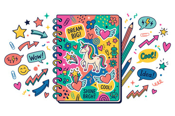 Fototapeta premium Spiral bound notebook with unicorn and inspirational quotes surrounded by colorful doodles and pencils for creative expression and journaling
