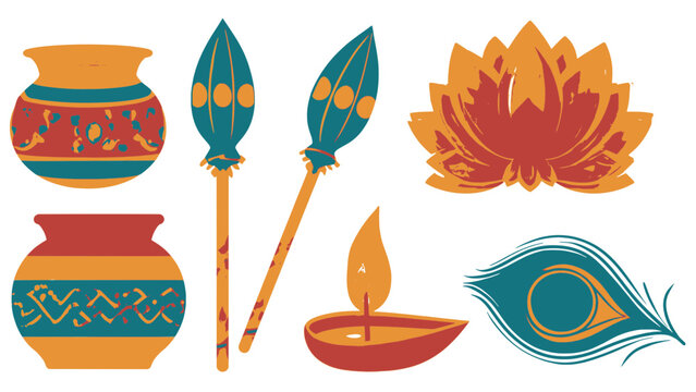 Indian traditional festival design elements vector set including pots mace lotus diya and peacock feather illustration
