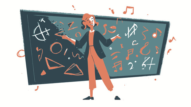 Flat vector illustration of a female music teacher standing by a blackboard covered in musical notes and symbols