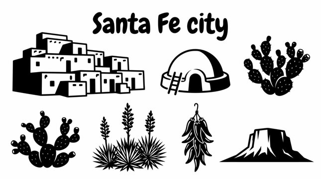 Santa Fe New Mexico American heritage, architecture, desert culture, and unique travel destinations. Black and white sketch style featuring historic buildings and Southwest elements