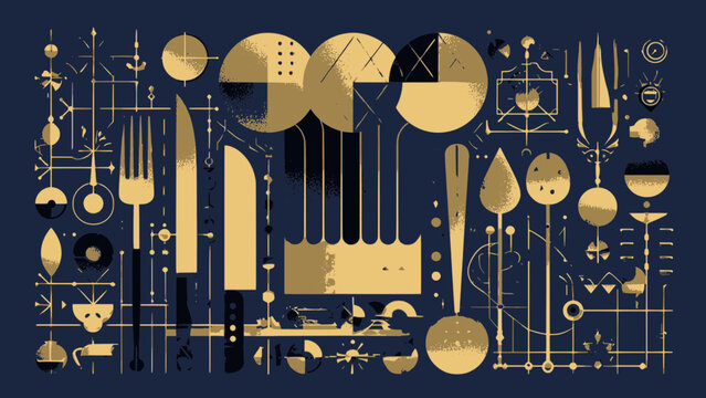 Golden geometric culinary abstract pattern with kitchen utensils fork knife spoon and chef hat on dark blue background