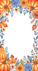 Fototapeta premium Elegant watercolor autumn border featuring painted pumpkins, delicate flowers, and foliage in warm orange and sophisticated cool blue tones, gentle, soft, botanical