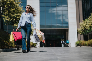 Fototapeta premium A woman walks confidently with multiple shopping bags in front of a shopping mall. The shopper strolls past the mall entrance on a bright sunny day, holding colorful bags.