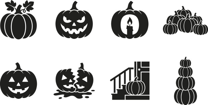 Jack O Lantern and Pumpkin Icons Set for Halloween Decorations and Seasonal Designs