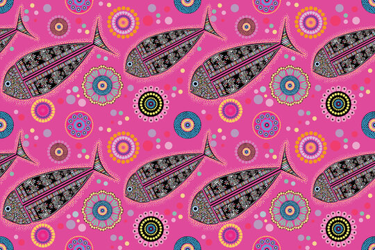 seamless pattern with abstract fishes pink background