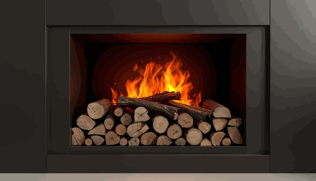 Modern fireplace with bright orange flames and stacked firewood