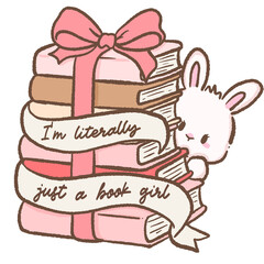 Obraz premium Cute Bookish Bunny Peeking Behind a Gift Wrapped Stack of Romance Books I'm Literally Just a Book Girl Digital Clipart