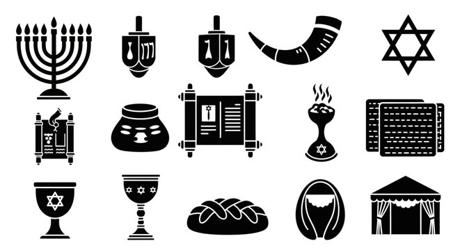 Set of Jewish Religious and Traditional Cultural Symbols Icons.